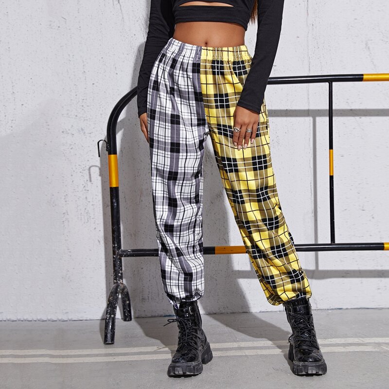 

Elastic Waist Colorblock Plaid Sweatpants, Multicolor