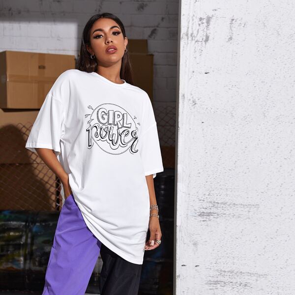

Drop Shoulder Letter Graphic Oversized Tee, White