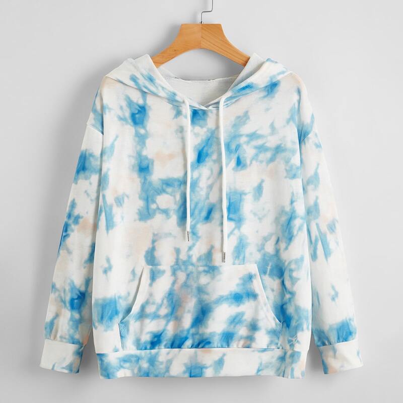 

Kangaroo Pocket Tie Dye Drawstring Hoodie, Blue and white