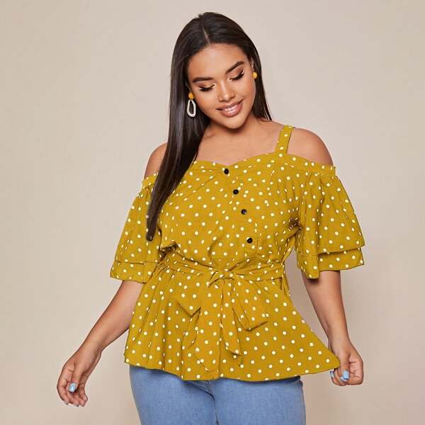 

Plus Cold Shoulder Tie Front Peplum Blouse, Mustard yellow