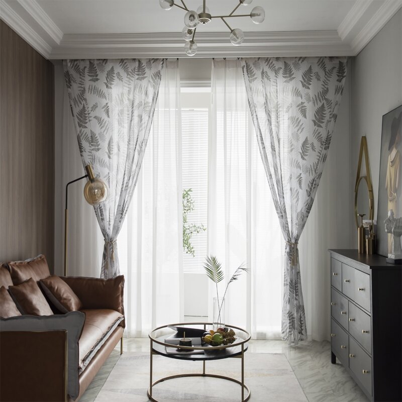 

1pc Leaf Print Chiffon Curtain, Grey