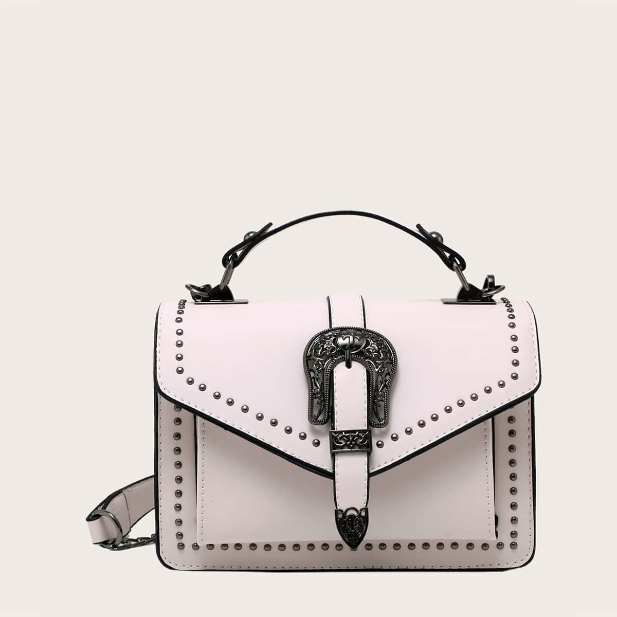 

Studded Decor Chain Satchel Bag, White