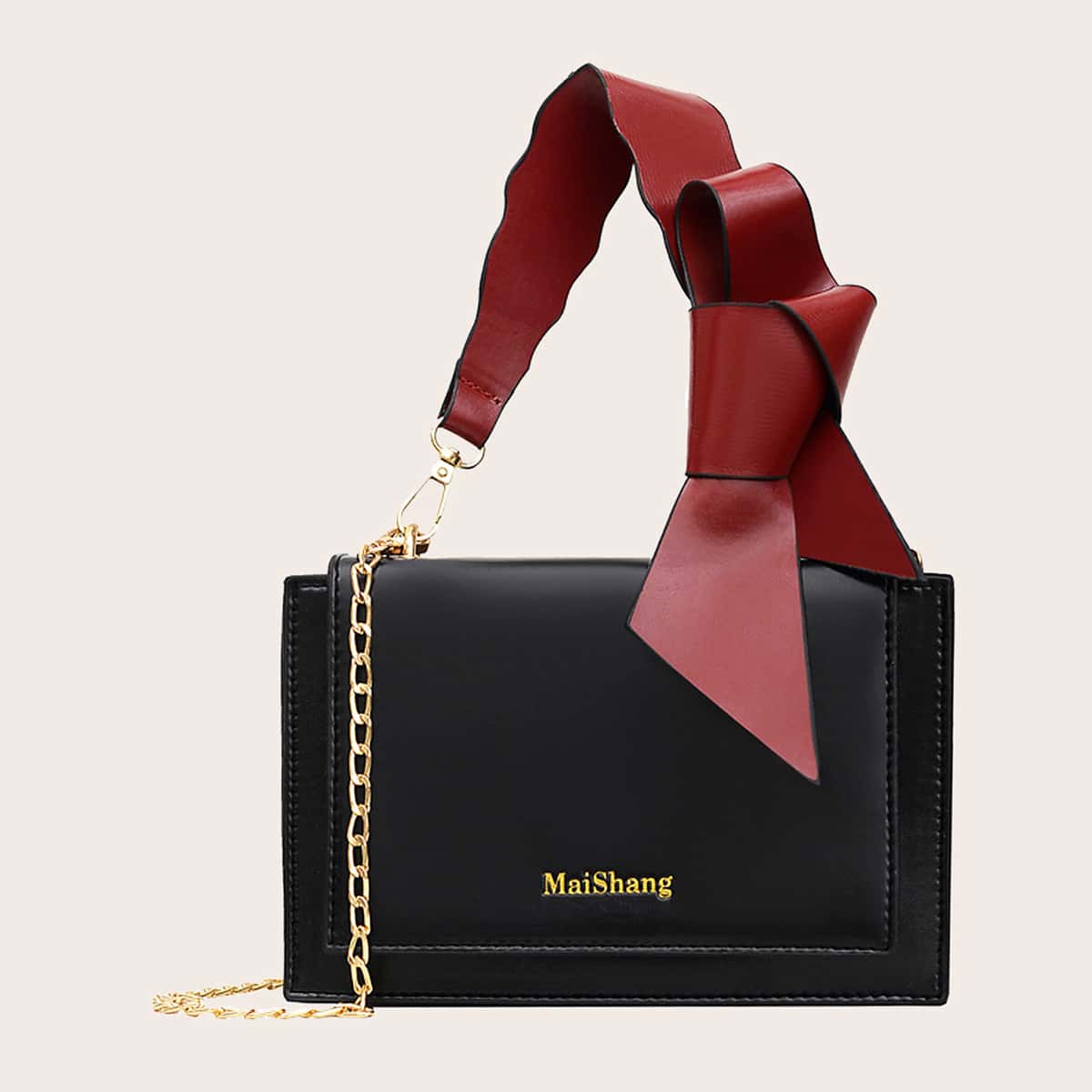 

Bow Decor Letter Graphic Flap Satchel Bag, Black