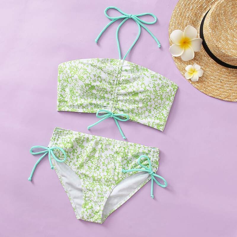 

Floral Drawstring Halter Bikini Swimsuit, Mint green