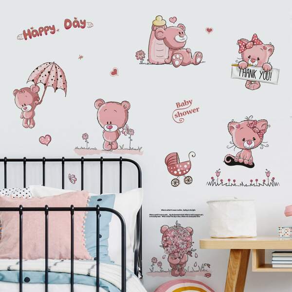 

Kids Cartoon Bear Print Wall Sticker, Pink