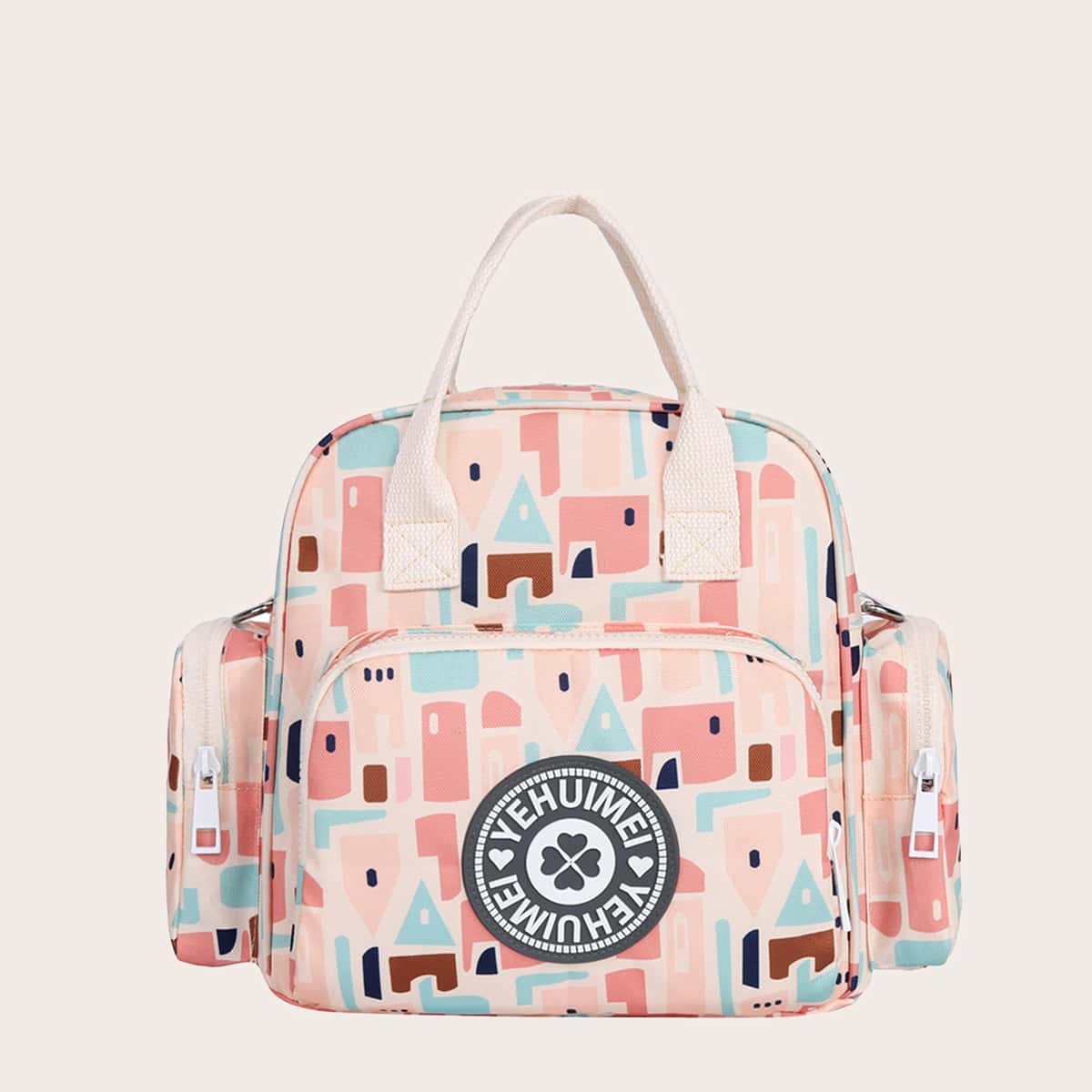 

Pocket Front Geometric Graphic Backpack, Pink