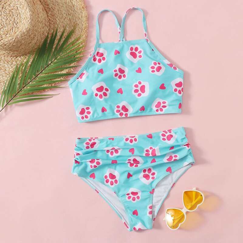 

Cartoon Graphic Ruched Bikini Swimsuit, Baby blue