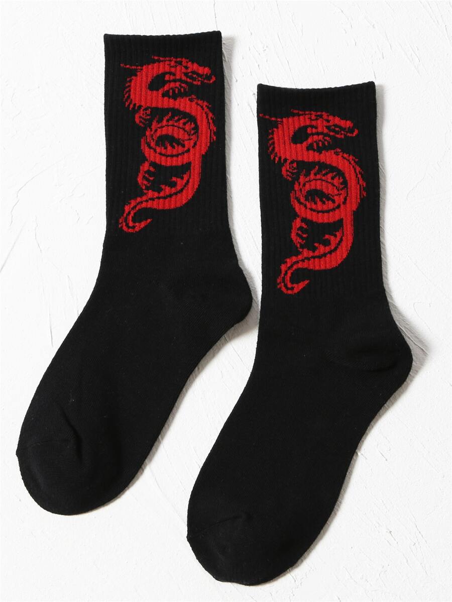 Calcetines con patrón de dragón - Negro - Ver 1