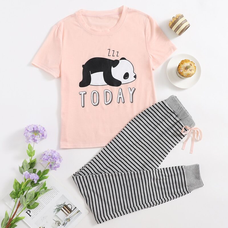 

Striped & Cartoon Graphic PJ Set, Multicolor