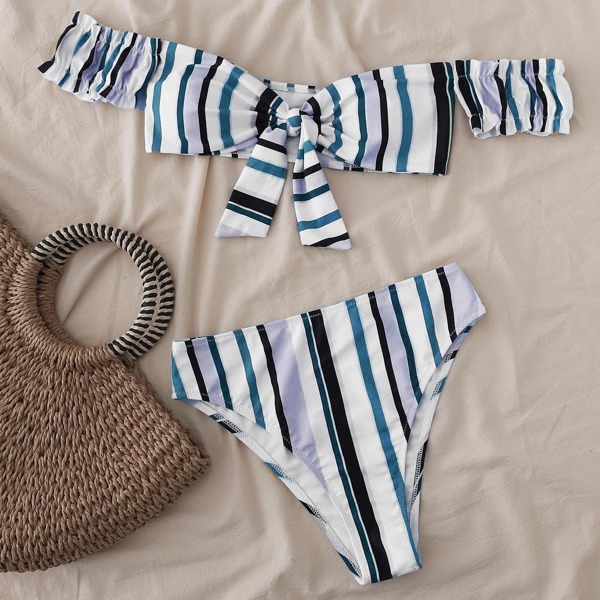 

Striped Knot Front Bardot Bikini Swimsuit, Multicolor