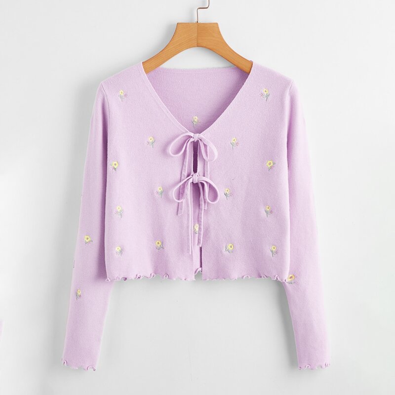 

Floral Embroidery Tie Front Cardigan, Lilac purple