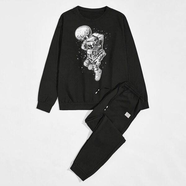 

Men Astronaut Print Sweatshirt And Pants Set, Black