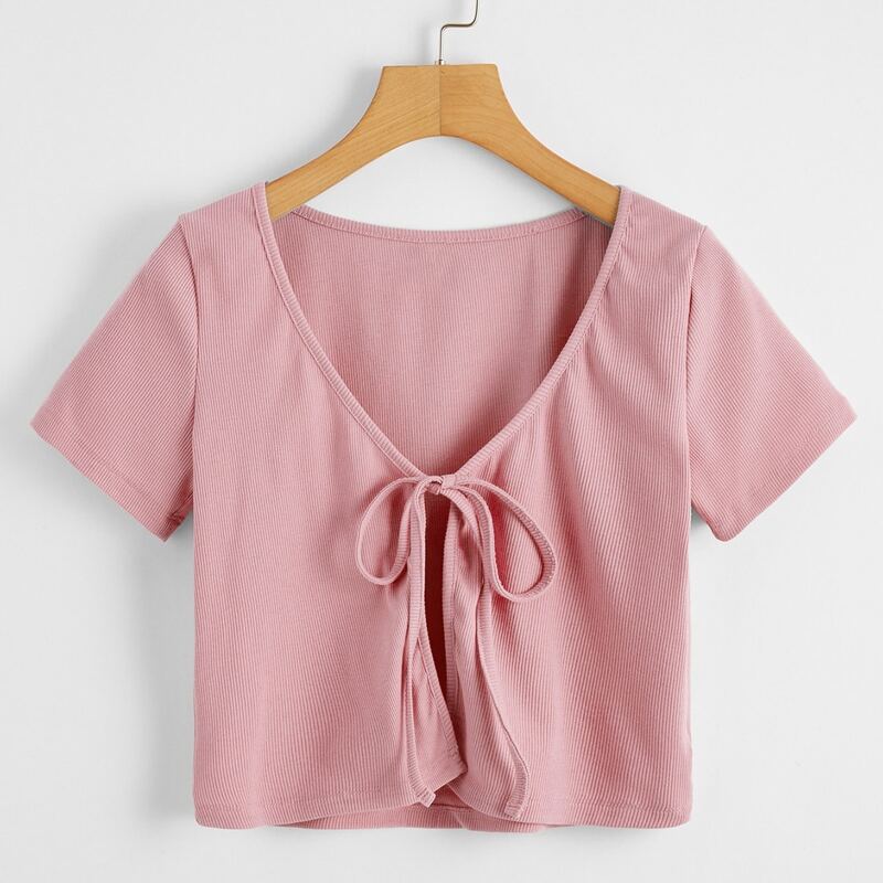 

Tie Front Ribbed Crop Top, Baby pink