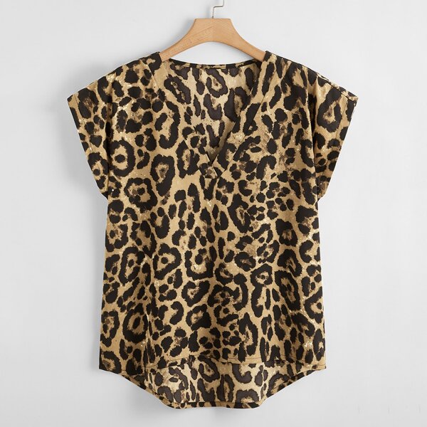 

Plus Leopard Print High Low Hem Blouse, Multicolor