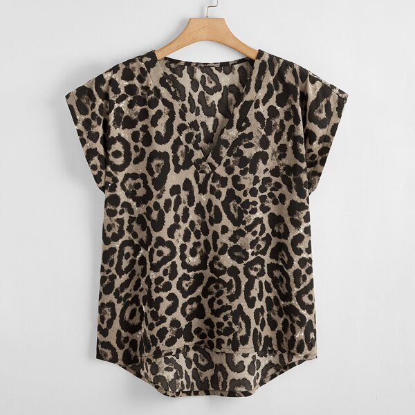 

Plus Leopard Batwing Sleeve High Low Blouse, Multicolor