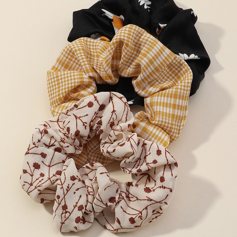 

3pcs Floral & Plaid Scrunchie, Multicolor