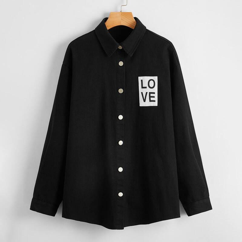 

Letter Graphic Button Up Curved Hem Coat, Black