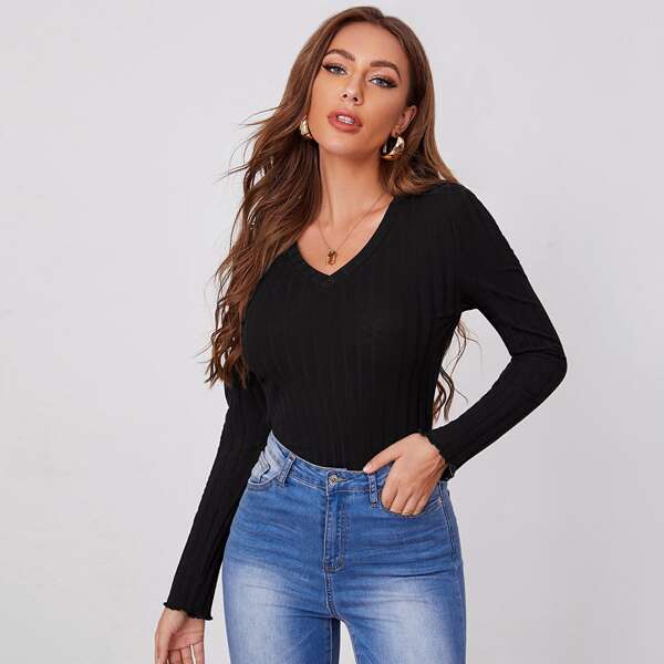 

V-Neck Rib-knit Top, Black