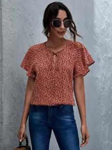 SHEIN LUNE Top floral de margarita de manga con volante de cuello con cordón - Burdeos - Ver 1