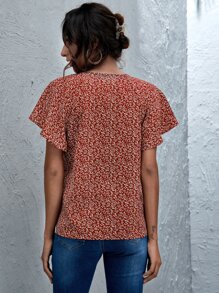 SHEIN LUNE Top floral de margarita de manga con volante de cuello con cordón - Burdeos - Ver 2