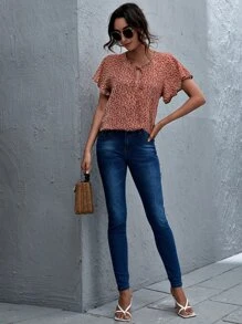 SHEIN LUNE Top floral de margarita de manga con volante de cuello con cordón - Burdeos - Ver 3