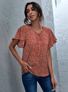 SHEIN LUNE Top floral de margarita de manga con volante de cuello con cordón - Burdeos - Ver 4
