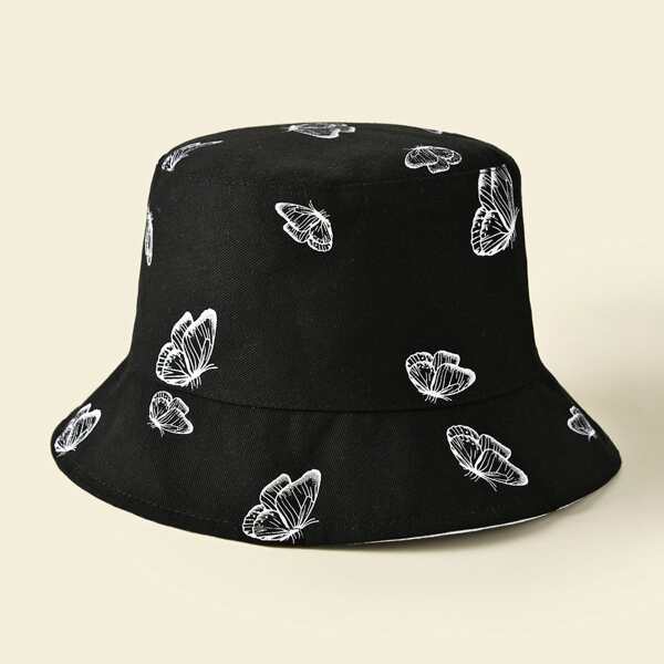

Men Butterfly Pattern Reversible Bucket Hat, Black