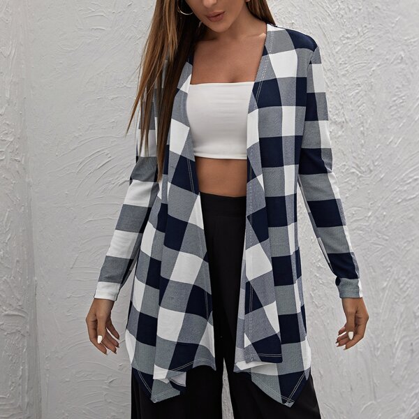 

Asymmetrical Hem Buffalo Plaid Coat, Blue and white