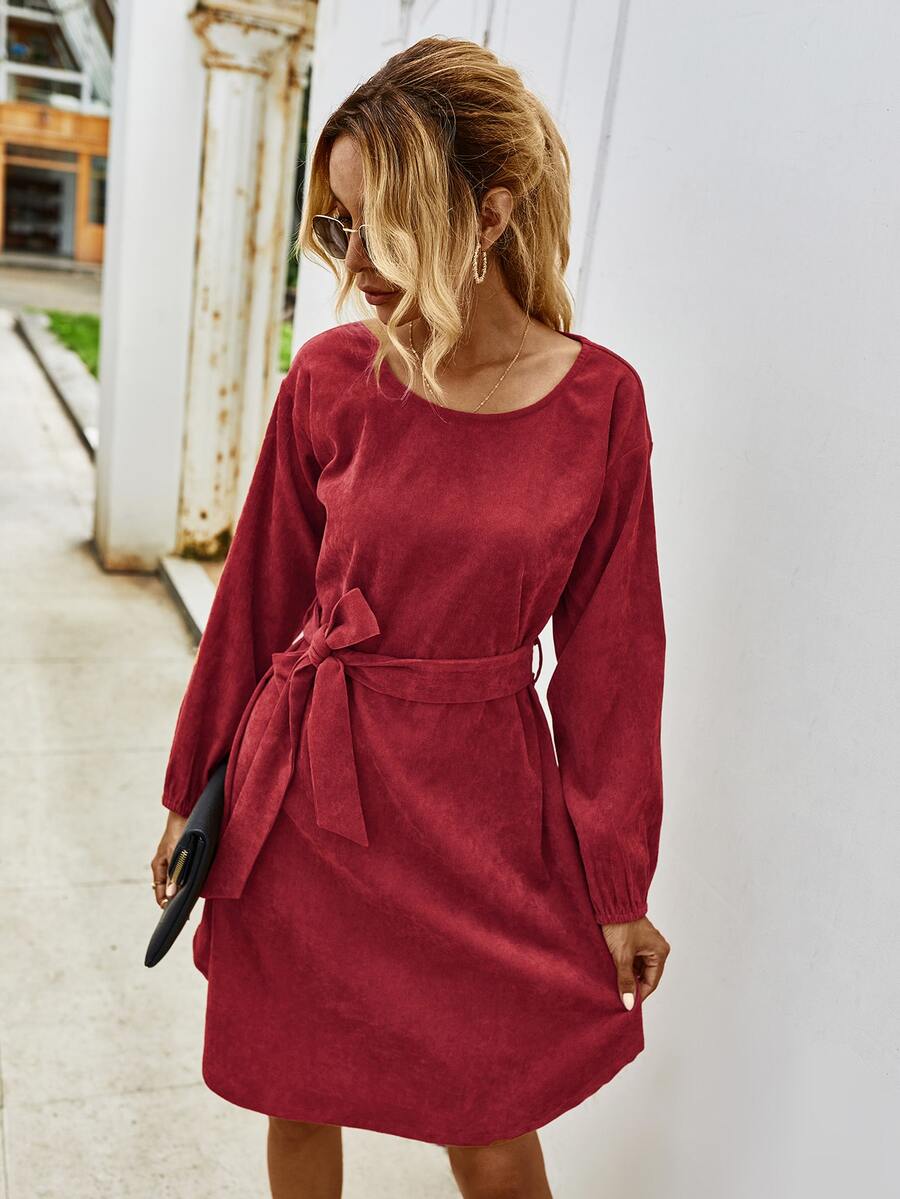 Corduroy Belted Solid Dress - Burgundy - View 1