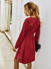 Corduroy Belted Solid Dress - Burgundy - View 2