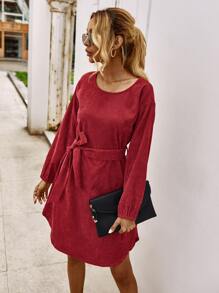 Corduroy Belted Solid Dress - Burgundy - View 3