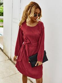 Corduroy Belted Solid Dress - Burgundy - View 4