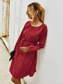Corduroy Belted Solid Dress - Burgundy - View 5