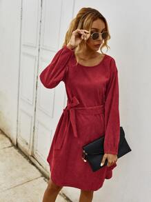 Corduroy Belted Solid Dress - Burgundy - View 6
