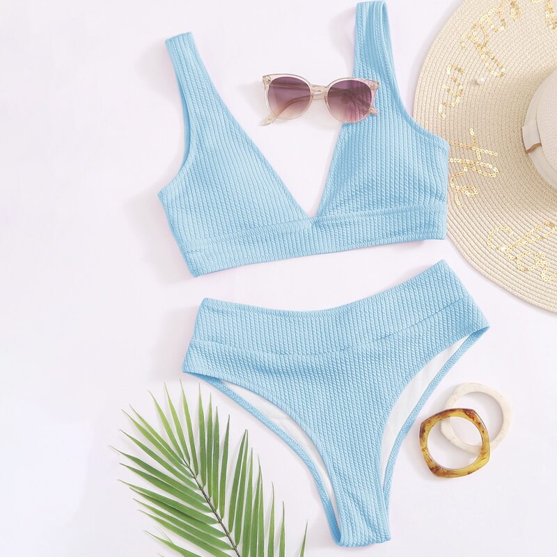 

Textured V Neck High Waisted Bikini Swimsuit, Pastel baby blue