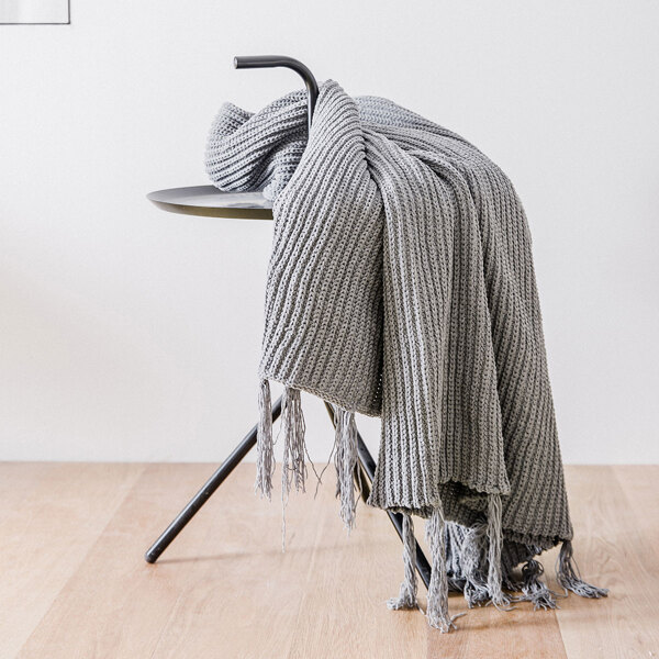 

1pc Plain Knitted Tassel Blanket, Grey