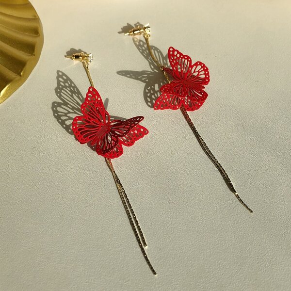 

Butterfly Tassel Drop Earrings, Red