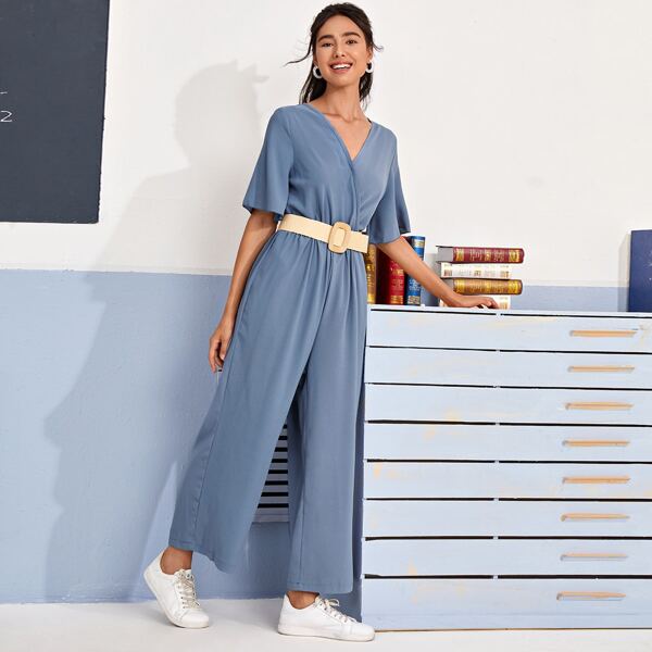 

Solid Surplice Front Jumpsuit With Belt, Dusty blue