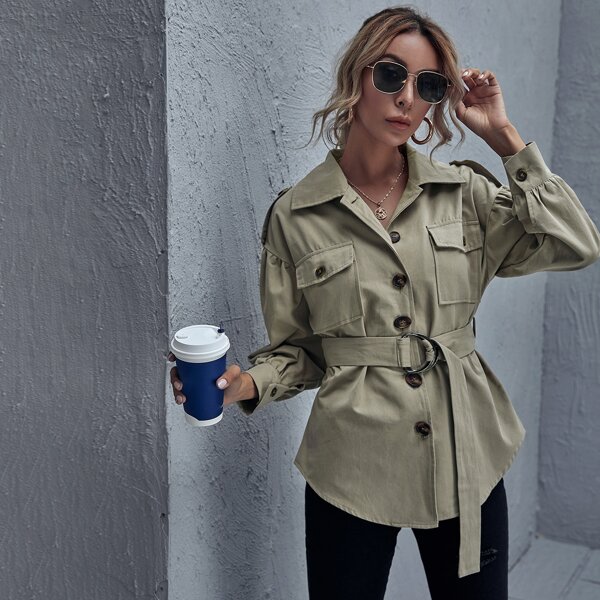 

Button Front Flap Pocket Belted Coat, Army green