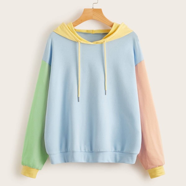 

Drawstring Detail Drop Shoulder Colorblock Hoodie, Baby blue
