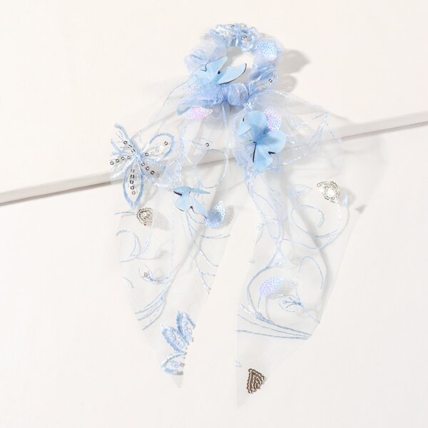 

Butterfly Embroidery Mesh Scrunchie, Blue