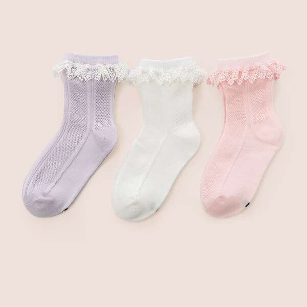 

3pairs Toddler Girls Lace Trim Socks, Multicolor