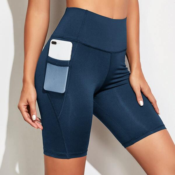 

Wide Band Waist Biker Shorts & Phone Pocket, Navy blue