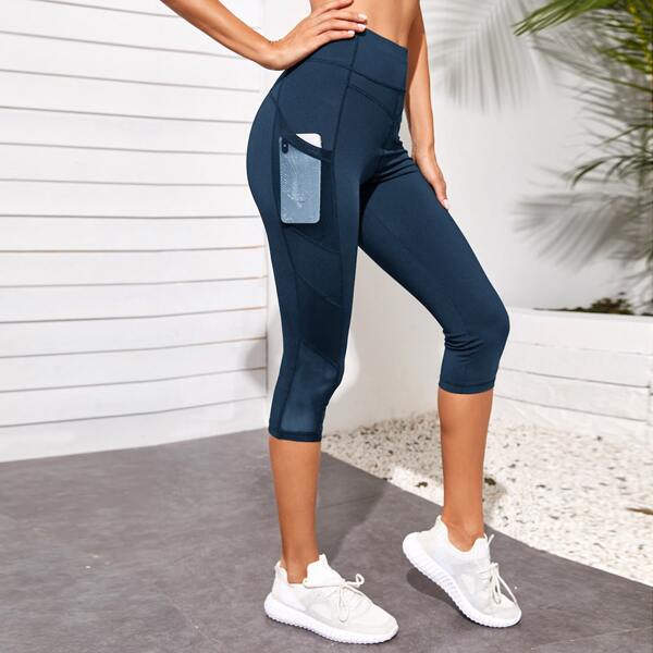 

Wide Band Waist Sports Leggings & Phone Pocket, Navy blue