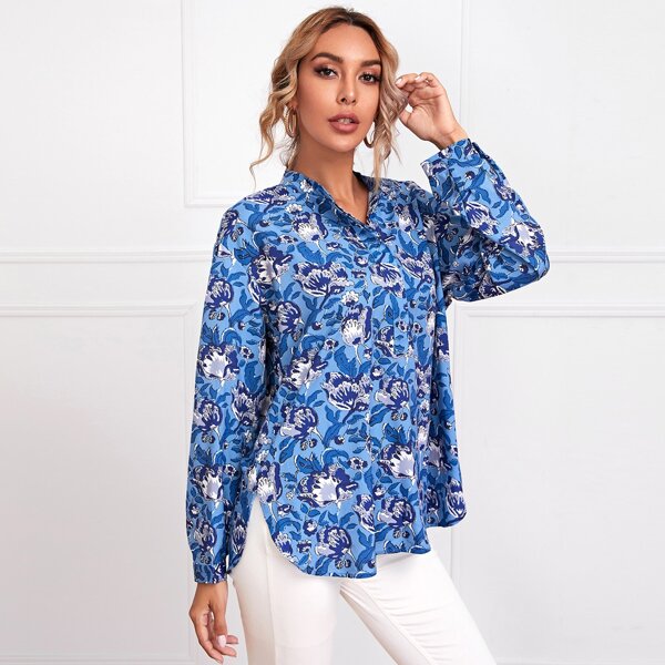 

Allover Print Curved Hem Blouse, Blue
