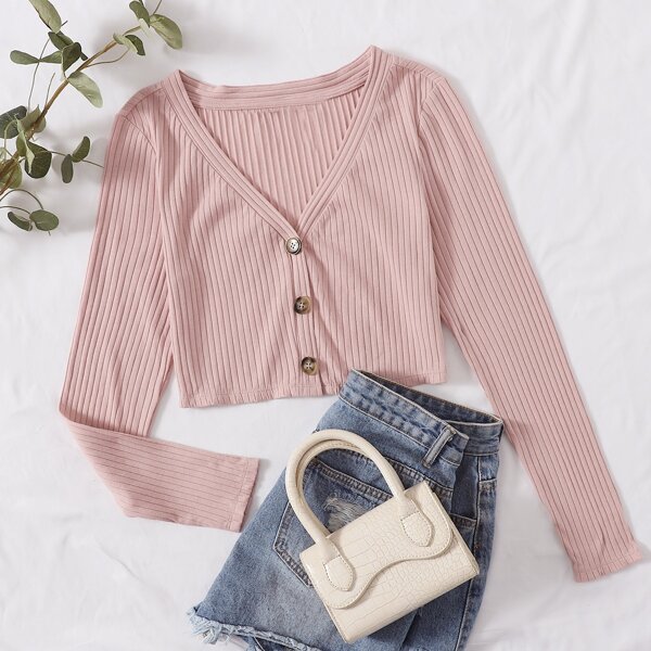 

Buttoned Front Lettuce Trim Rib-knit Top, Dusty pink