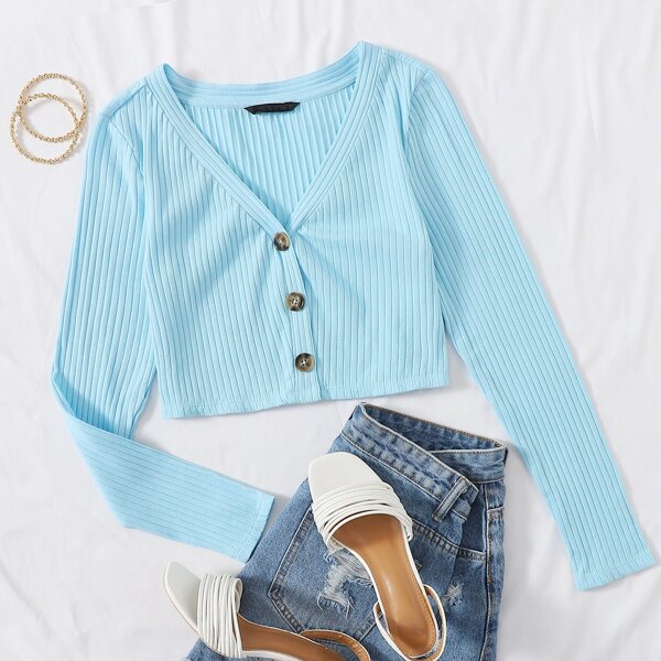 

Buttoned Front Lettuce Trim Rib-knit Top, Pastel baby blue