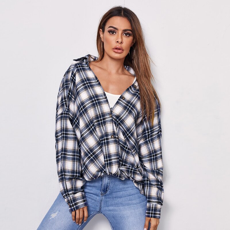 

Button Front Plaid Oversized Blouse, Multicolor