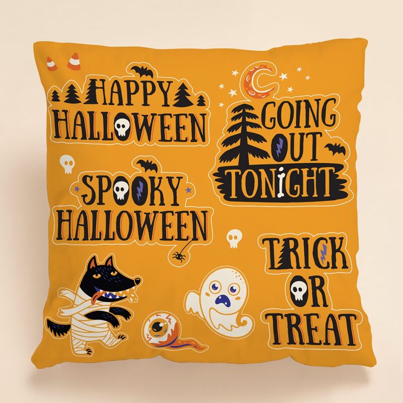 

Halloween Cartoon Graphic Cushion Cover Without Filler, Orange