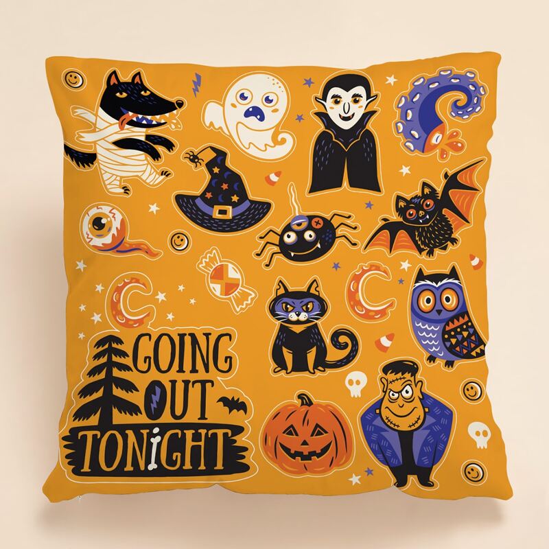 

Halloween Cartoon Graphic Cushion Cover Without Filler, Orange